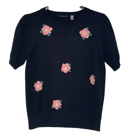 T Tahari Raised 3D Floral Crochet Detail Short Sleeve Sweater Sz LG Puff Sleeve - Picture 1 of 8